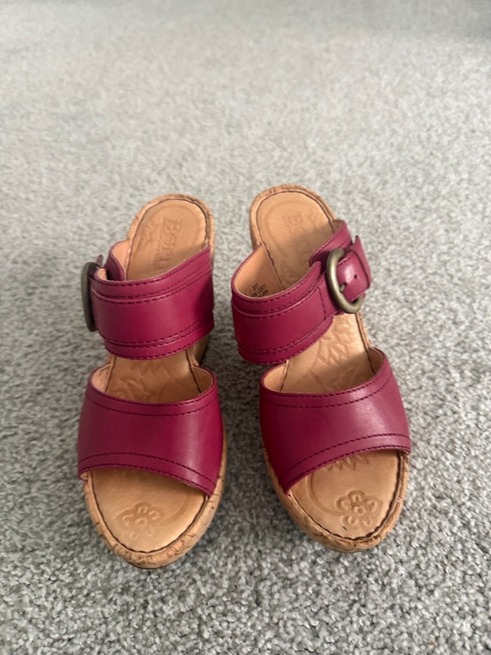 Born Burgundy Leather Cork Wedge Sandals